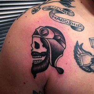 Tattoo by Mark Richards #pilotskull #skull #traditional #MarkRichards
