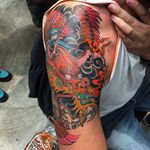 Dragon cover-up wip tattoo by Chris Nunez #ChrisNunez #color #Japanese #dragon #folklore #myth #legend #fangs #horns #scales #fire #smoke #swirls #coincloud #coverup