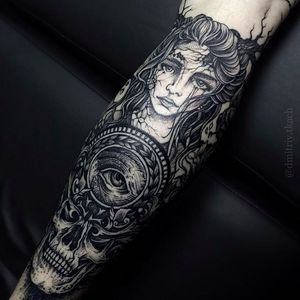 Marvelous looking sleeve tattoo by Dmitriy Tkach. #DmitriyTkach #skull #eye #girl #blackwork #sleeve