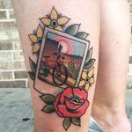 Polaroid of a bicycle surrounded by flowers. Tattoo by Josh Barg. #polaroid #bike #landscape #dessert #photograph #neotraditional #flowers #memories #memory #JoshBarg