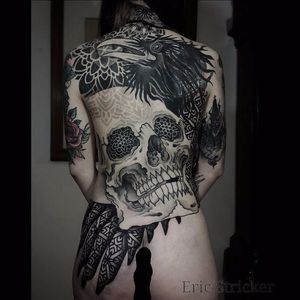 Epic tattoo by Eric Stricker #EricStricker #monochrome #dotwork #blackwork #geometric #ornamental #skull #crow
