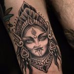 Goddess Kali by Chelsea Rhea #ChelseaRhea #blackandgrey #neotraditional #GoddessKali #Kali #Hindu #jewelry #crown #thirdeye #ladyhead #portrait #lady #whiteink #tattoooftheday