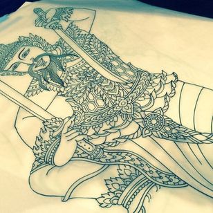 Flawless linework in this stencil drawn up. Tattoo by Chris O'Donnell. #ChrisODonnell #TraditionalJapanese #KingsAvenueTattoo #NewYorkTattooer #oriental #easternculture #warrior #asianart