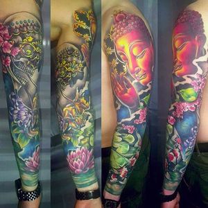 Arm sleeve by Vivien Barna (via IG -- barna.vivien) #vivienbarna #buddha #lotus #cherryblossom #sleeve