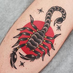 Scorpion banger tattoo done at Black Diamond tattoo by crownofthornscollective #scorpion #traditional #scorpionbanger