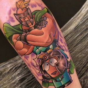 OMFG, such a cool Professor Chaos tattoo by Dane Grannon (Instagram @danegrannontattooer. #Butters #DaneGrannon #newschool #ProfessorChaos #SouthPark