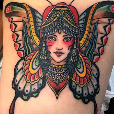 I am a butterfly by Colin Baker #ColinBaker #traditional #neotraditional #lady #butterfly #color #jewelry #crown #nature #dotwork #tattoooftheday
