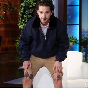Shia showing off his leg tattoos. #ShiaLaBeouf #LegTattoo #RapTattoo #RapTattoos
