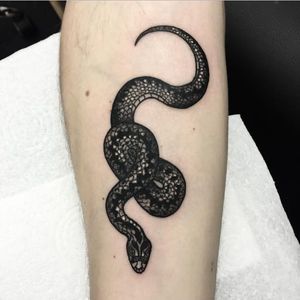 A coiled up snake from Rebecca Vincent's body of work (IG-rebecca_vincent_tattoo). #blackwork #illustrative #RebeccaVincent #snake