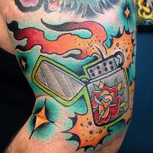 Lighter Tattoo by Zach Bowden #lighter #traditional #neotraditional #boldtraditional #brigthandbold #traditionalartist #ZachBowden