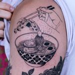 Ramen Girl tattoo by Oozy #Oozy #ramentattoos #blackandgrey #linework #illustrative #chopsticks #hand #girl #noodles #ramen #soup #bowl #pattern #egg #narutomaki #kimono #foodtattoo
