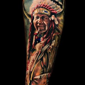 Native American Portrait Tattoo by Oleg Shepelenko #portrait #portraittattoo #portraittattoos #portraitrealism #realism #realistictattoos #colorportrait #colorportraittattoo #nativeamerican #nativeamericantattoos #OlegShepelenko
