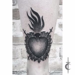 Blackwork sacred heart tattoo by AJ Maloney #blackwork #heart #fire #cross #BlackworkTattoos #BlackworkTattoo #Blackwork #AJMaloney