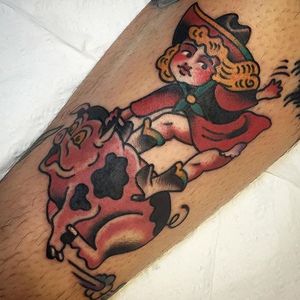 Girl riding a pig by Travis Costello. #traditional #TravisCostello #pig #girl