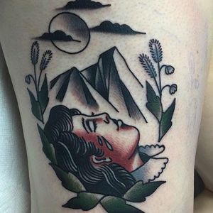 Crying woman looking up at the mountains. Awesome work by Sergey Kartoha. #SergeyKartoha #girltattoo #oldschooltattoo #traditionaltattoo #cryingwoman