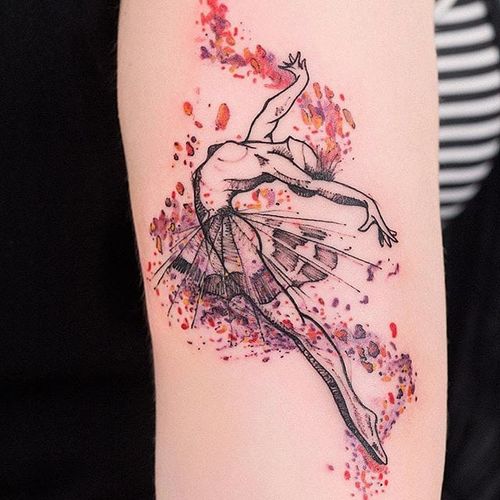 Tattoo uploaded by Kate • Leaping dancer and rose petals, by Robson Carvalho (via IG—robcarvalhoart) #robsoncarvalho #illustrative #playful • Tattoodo
