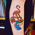 Pink Panther Strikes Again! by Woohyun Heo #Woolovesyou #WoohyunHeo #newtraditional #color #cartoon #flamingo #PinkPanther #wave #surfboard #tattoooftheday