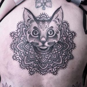 Work in progress cat mandala tattoo by Chris Bint #ChrisBint #Bintt #mandala #blackandgrey #mandalastyle #cat #patternwork