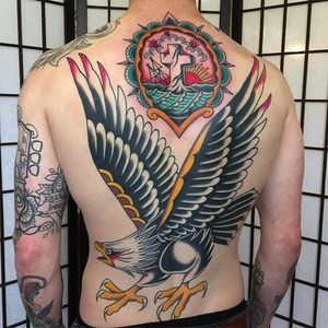 Massive eagle and clean little Rock of Ages on the top back. Tattoos by Nick Mayes. #NickMayes #NorthSeaTattoo #traditionaltattoo #classictattoos #eagle #rock of ages