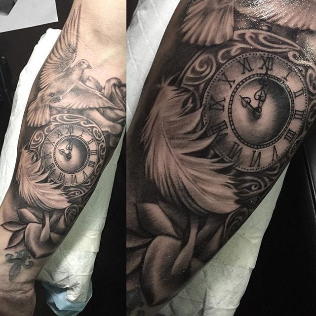Tattoo uploaded by Stacie Mayer • Dove and clock tattoo by Miss Kimberley. #blackandgrey #realism #MissKimberley #bird #dove #clock • Tattoodo