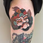 Bishamonten tattoo by Takashi #Takashi #handpoketattoos #tebori #irezumi #deity #godofwar #war #soldier #warrior #armor #helmut #portrait #nonelectric #stickandpoke