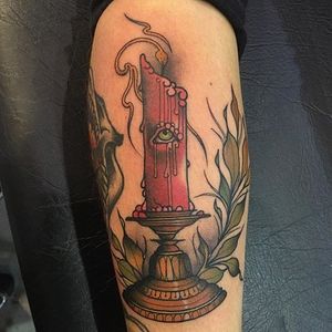 Neo traditional candle and candle stick tattoo by Jasmin Austin. #neotraditional #candle #eye #candlestick #flame #JasminAustin