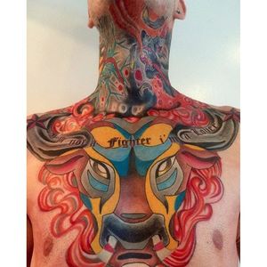 Colourful chest piece, by Ronni Froberg #RonniFroberg #bulltattoo