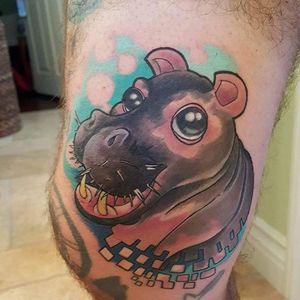 Cute hippopotamus tattoo by David Taylor. #cute #hippopotamus #neotraditional #DavidTaylor