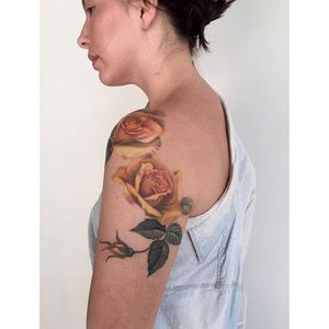 Beautiful rose tattoo by Amanda Wachob #AmandaWachob #flowertattoo #rose #flower #shoulder