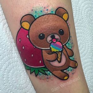 Cute lil bear eating ice cream Tattoo by Sam Whitehead @Samwhiteheadtattoos #Samwhiteheadtattoos #Colorful #Girly #Girlytattoo #Neotraditional #Blindeyetattoocompany #Leeds #UK #bear #icecream