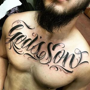 God's Son Tattoo by Saul Lira #script #scripttattoo #lettering #letteringtattoo #letteringtattoos #customlettering #scriptartist #LAtattoos #SaulLira