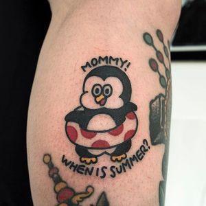 Cartoon penguin tattoo by Hong Ji Sun. #Hongjisun #cartoon #bold #comical #funny #cute #penguin