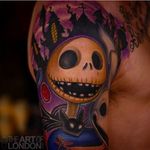 Clean and vibrant Jack Skellington tattoo done by London Reese. #LondonReese #jackskellington #nightmarebeforechristmas  #painterlystyle #theartolondon