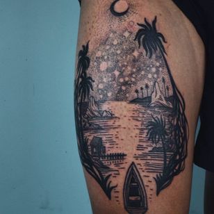 Tattoo by Noel'le Longhaul #NoelleLonghaul #linework #blackwork #dotwork #illustrative #naturaleza #paisaje #grabado #Vietnam #jungle #house # palmera # river #water #boat #montañas # sky #stars #galaxy #moon