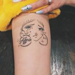 Apple tattoo by Soto Gang #SotoGang #blackandgrey #linework #fineline #portrait #lady #ladyhead #hoopearrings #apple #text #script #sparkle #stars #tears #teardrop #cry #sadgirl #anime #manga