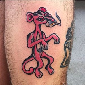 Funny little Pink Panther having a smoke. Tattoo by Joshua Marks. #JoshuaMarks #ETS #traditionaltattoos #boldtattoos #classic #pinkpanther