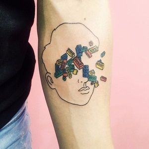 Lego face tattoo by Kim Michey. #KimMichey #HIMIGHI #pop #conceptual #poetic #contemporary #lego #face #linework