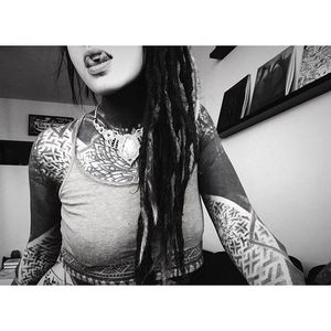 Artsy black and white photograph of @eml0 and her tattoos and split tongue. #bodymods #splittongue #bodymodification #bodypiercing #eml0