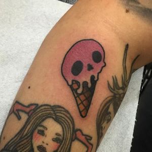 Tiny pink skull ice cream cone tattoo by Christina Hock #ChristinaHock #skull #icecream #icecreamcone #pink