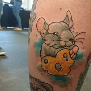 This mouse really loves his cheese. Tattoo by Rebecca Bertelwick. #mouse #cheese #heart #neotraditional #RebeccaBertelwick #animal #critter