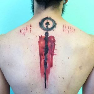 Graphic black and red abstract watercolor back tattoo by Florenciz Gonzalez Tizon. #watercolor #FlorenciaGonzalezTizon #graphic #abstract #brushstroke