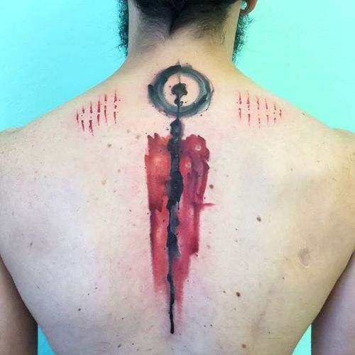 Graphic black and red abstract watercolor back tattoo by Florenciz Gonzalez Tizon. #watercolor #FlorenciaGonzalezTizon #graphic #abstract #brushstroke