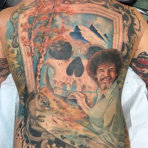 Bob Ross tattoo by Wade Rogers #bobross #bobrosstattoo #bobrosstattoos #funtattoos #bobrossink #bobrossart #artist #art #artistattoo #WadeRogers
