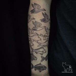 M.C. Escher inspired tattoo by Vinny Valdez #VinnyValdez #escher #geometric #art #bird #fish #opticalillusion