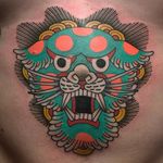 Guardian Lion tattoo by Koji Ichimaru #kojiichimaru #favoritetattoo #color #Japanese #shishi #lion #guardian #deity #foodog #cat #pattern #spota #coins