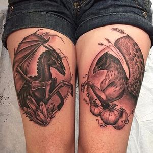 Thestral and Hippogriff Tattoo by Shawn Hebrank #blackandgrey #thestral #hippogriff #harrypotter #wizard #ShawnHebrank