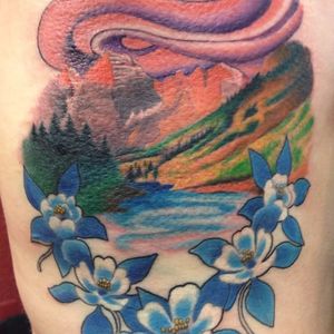 Maroon Bells of Colorado and columbine flower tattoo by Chris Gemmell. #flower #floral #columbine #columbineflower #Colorado #MaroonBells #ChrisGemmell