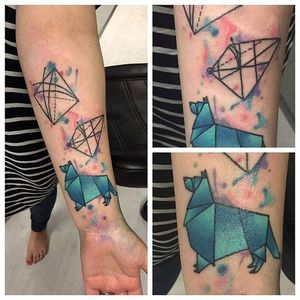 Geometric watercolor collie tattoo by Jessica Jonetta. #geometric #dog #collie #watercolor #geometricwatercolor #JessicaJonetta