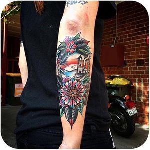 Traditional scenic mandala tattoo by Kirk Jones @kirk_jones_tattoo #tattoodo #color #traditional #scenic #mandala #kirk_jones_tattoo #kirkjones