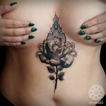 Sacred geometric underboob tattoo by Coen Mitchell. #CoenMitchell #sacredgeometric #sacredgeometry #underboob #rose